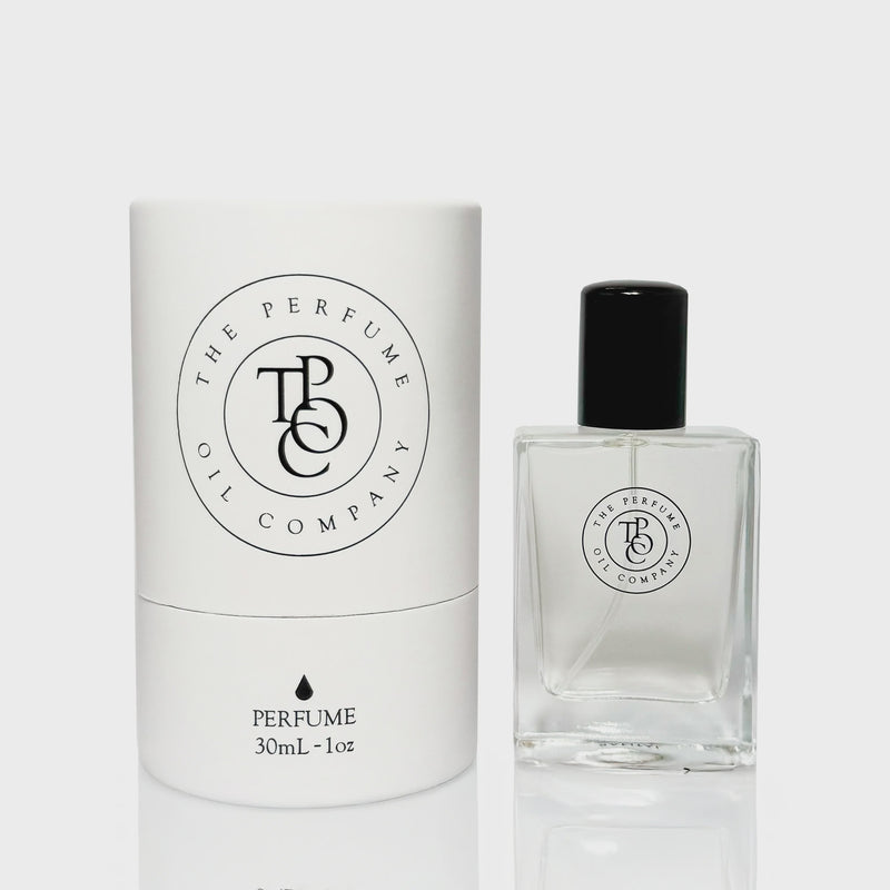 Perfume bottle and packaging with 'The Perfume Oil Company' branding on a white background