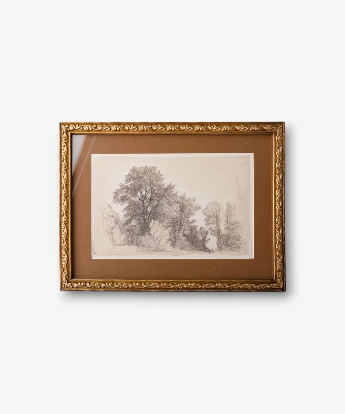 Framed vintage glade sketch wall art featuring a landscape scene with rich tones and textured detailing.