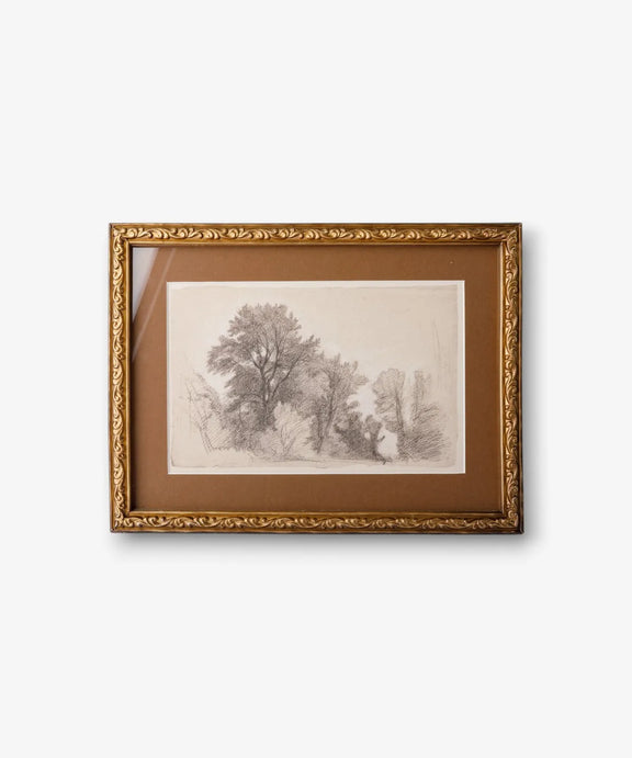 Framed vintage glade sketch wall art featuring a landscape scene with rich tones and textured detailing.