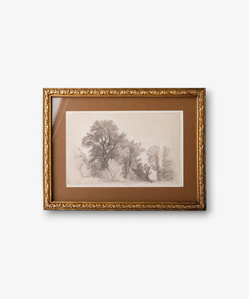 Framed vintage glade sketch wall art featuring a landscape scene with rich tones and textured detailing.