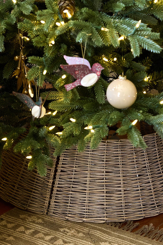 Festive arrangement featuring Vintage Pattern Hanging Bird in Burgundy and gold décor.