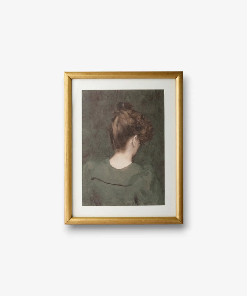 Framed vintage lady portrait wall art featuring green tones, glass front and classic decorative styling.