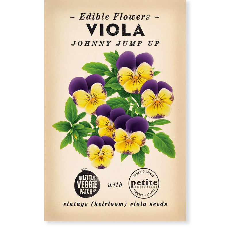 Seed packet for Viola Johnny Jump Up with illustrated flowers - edible flower seeds