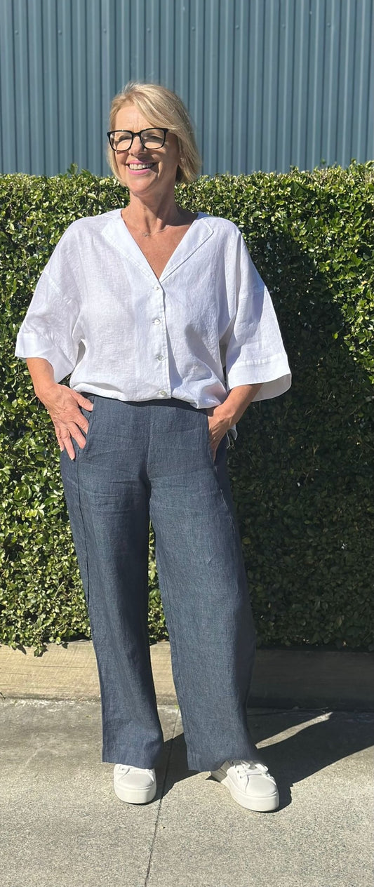 WOMEN WEARING WIDE LEG NAVY LINEN PANT AND A WHITE SHIRT