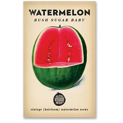Vintage-style watermelon seed packet with a cut watermelon and 'Little Veggie Patch' branding.