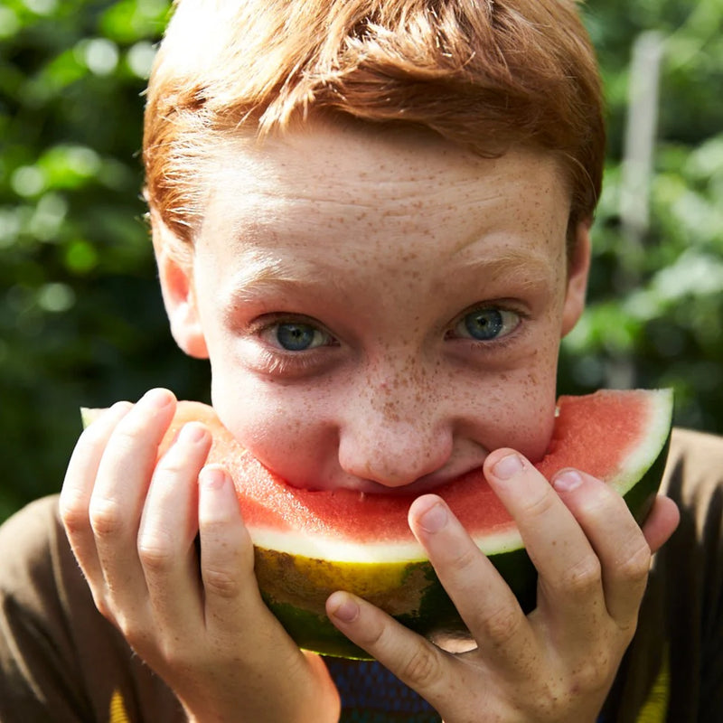 Child eating a watermelon slice outdoors with greenery in the background