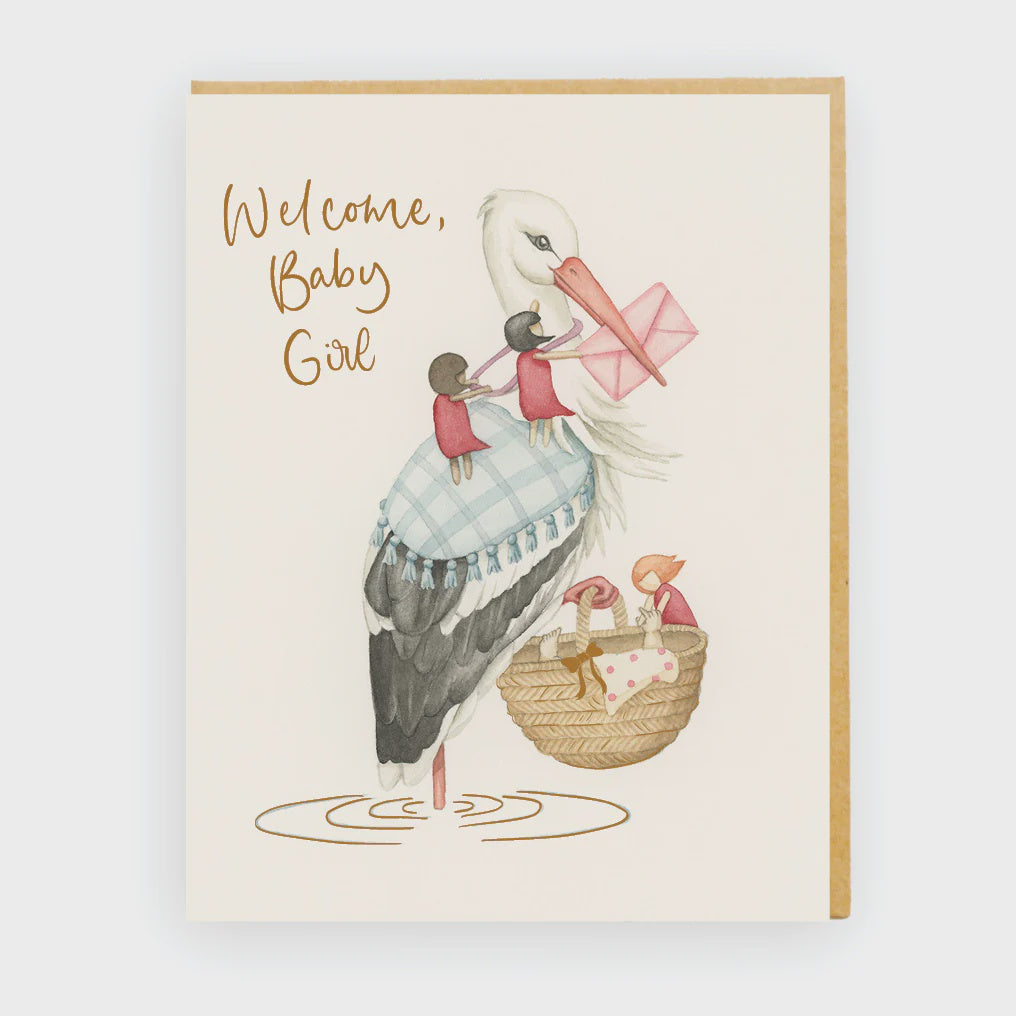 Greeting card with a stork carrying a baby girl, text 'Welcome, Baby Girl', on a light background.