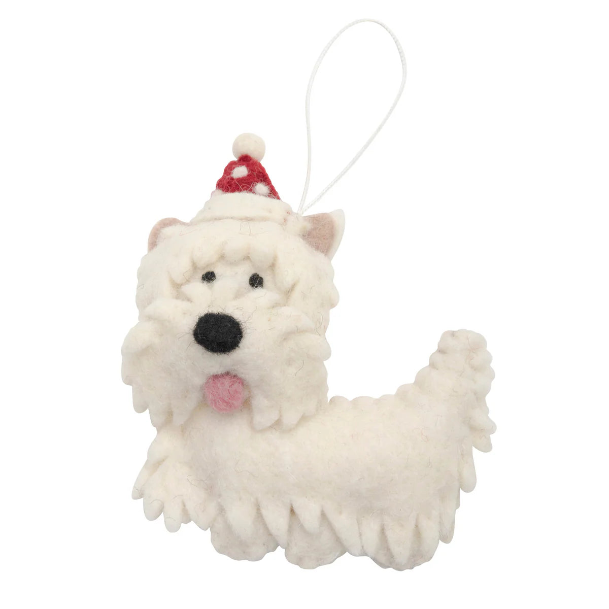 Felt West Highland Terrier Christmas ornament wearing Santa hat.