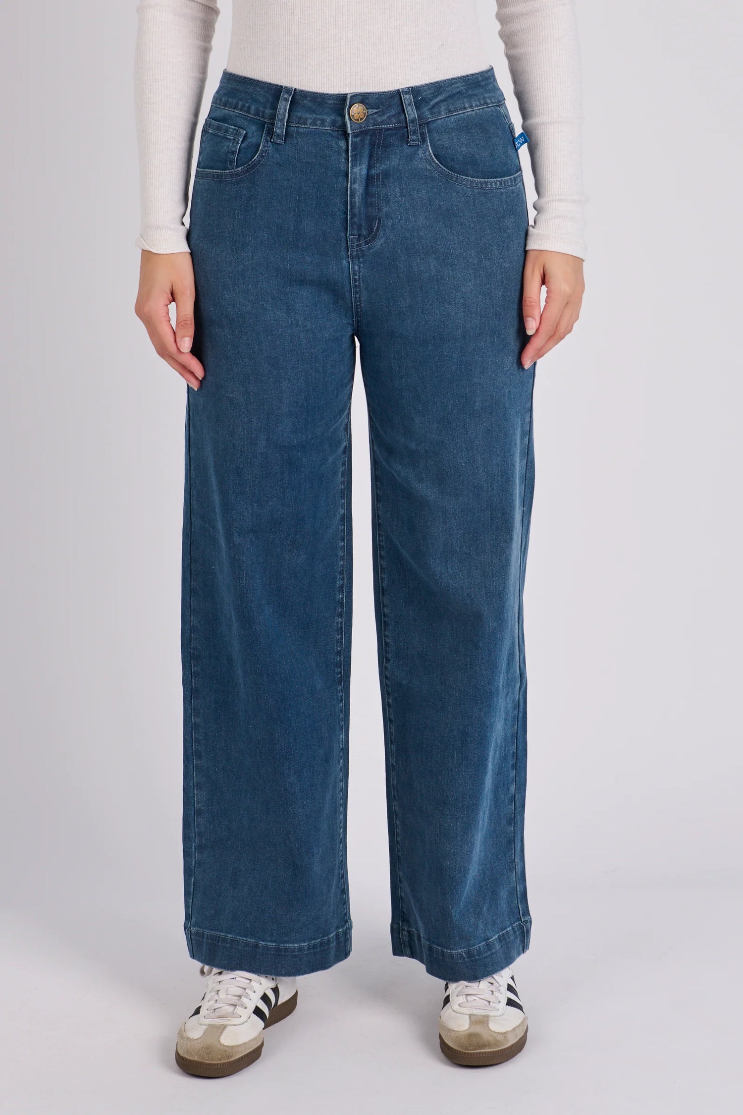 Women's mid blue wash wide leg boyfriend jeans with cropped length and classic five-pocket styling.