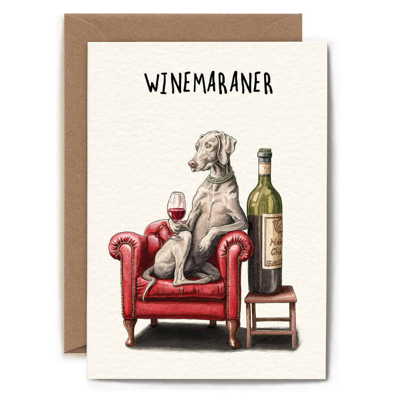 Winemaraner Card – dog drinking wine on red leather couch