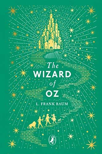 Book cover of 'The Wizard of Oz' with a green background and yellow text and illustrations.