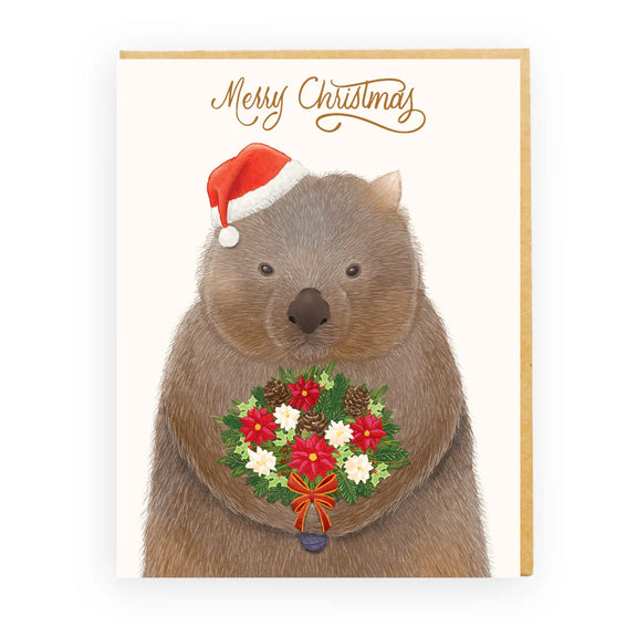 Wombat holding Christmas bouquet illustrated greeting card with gold foil