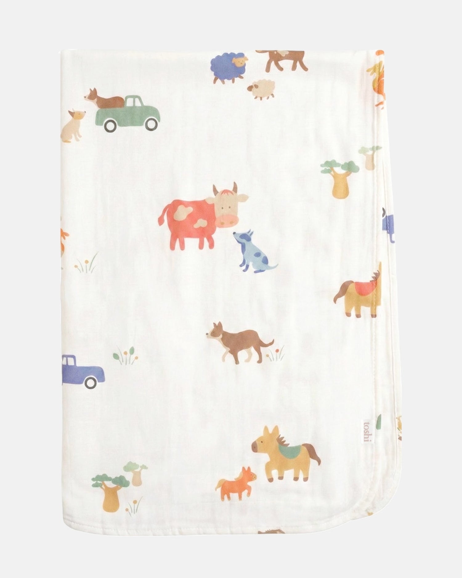 Toshi 100% cotton muslin baby wrap with colourful farm animal design.