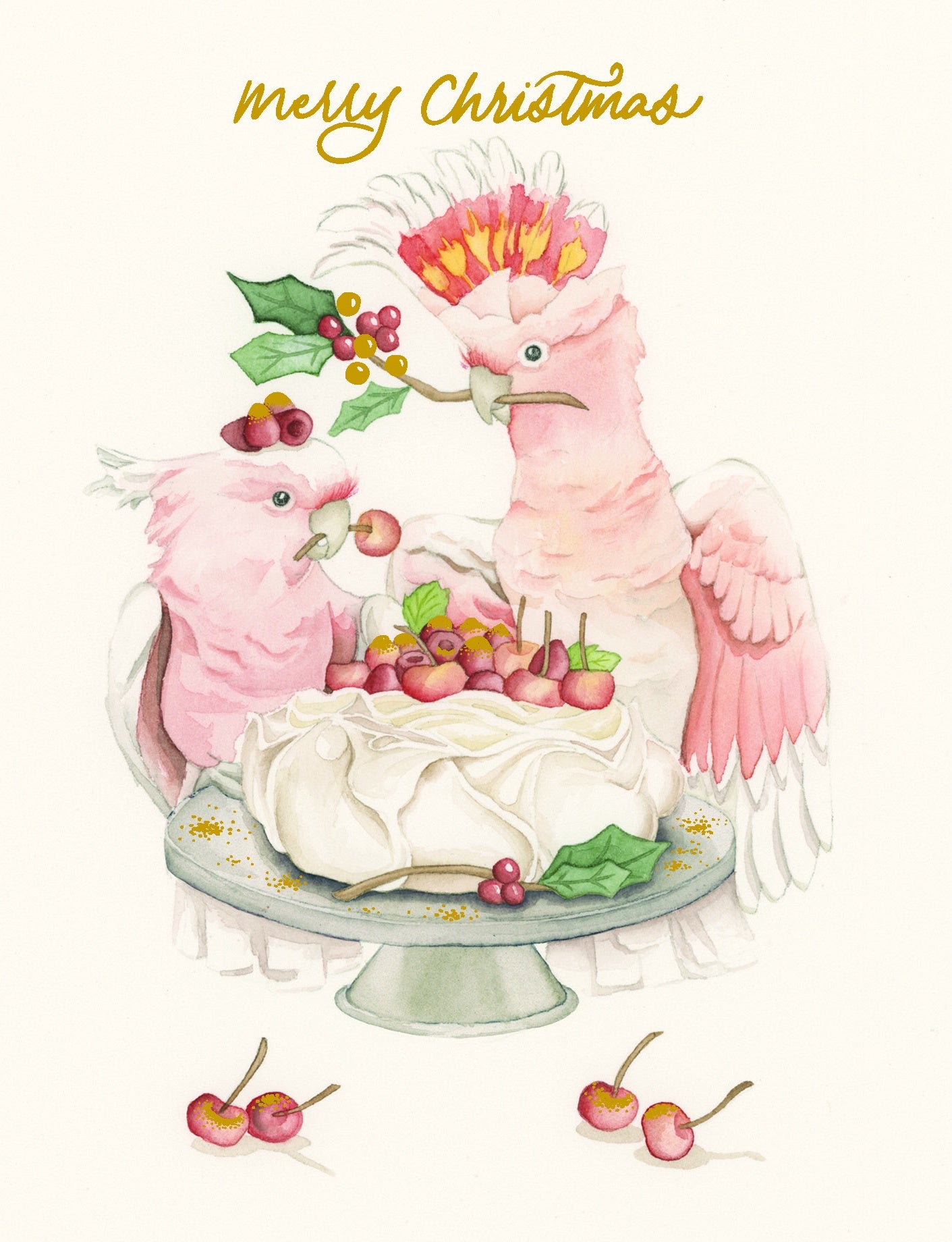 Emma’s Pavlova Christmas card featuring cockatoo and pavlova illustration and gold foil