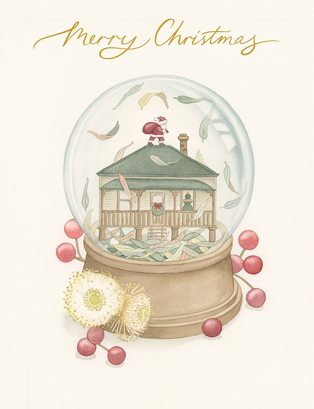 Give Me A Home Merry Christmas card with Australian house and Santa in snow globe