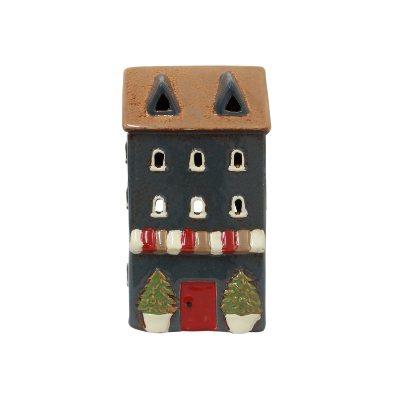 Alsace Navy Ceramic Tea Light Shop – hand-painted Christmas house décor