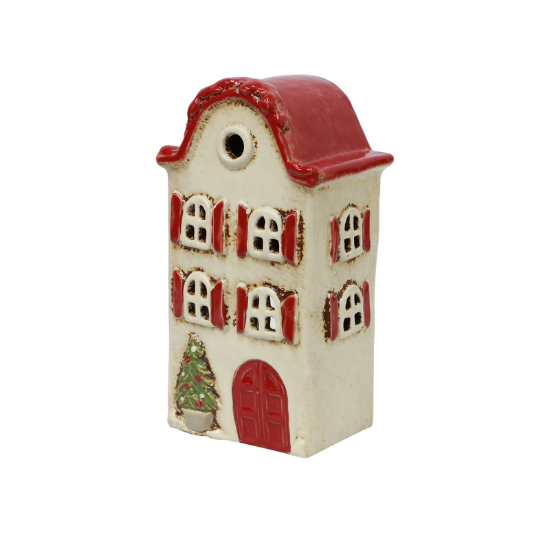 Alsace Tea Light Villa – Christmas Stone with Red Shutters | Hand-Painted Ceramic House