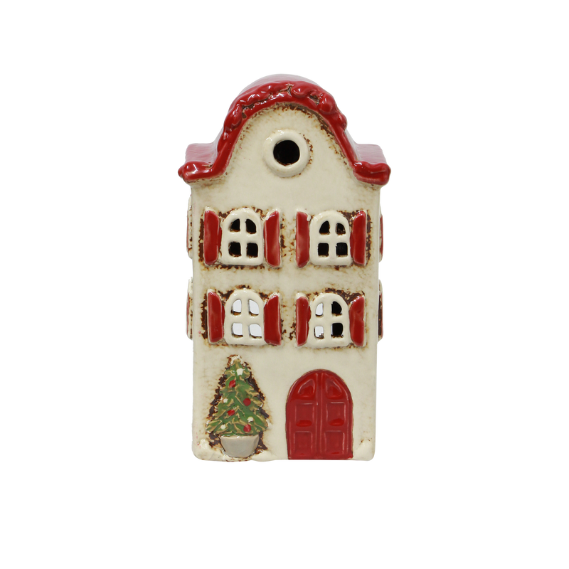 Alsace Tea Light Villa Christmas Stone with Red Shutters – hand-painted ceramic Christmas house décor