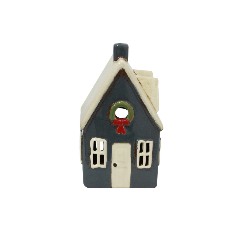 Alsace Tea Light Cottage Navy with Wreath – hand-painted ceramic Christmas décor