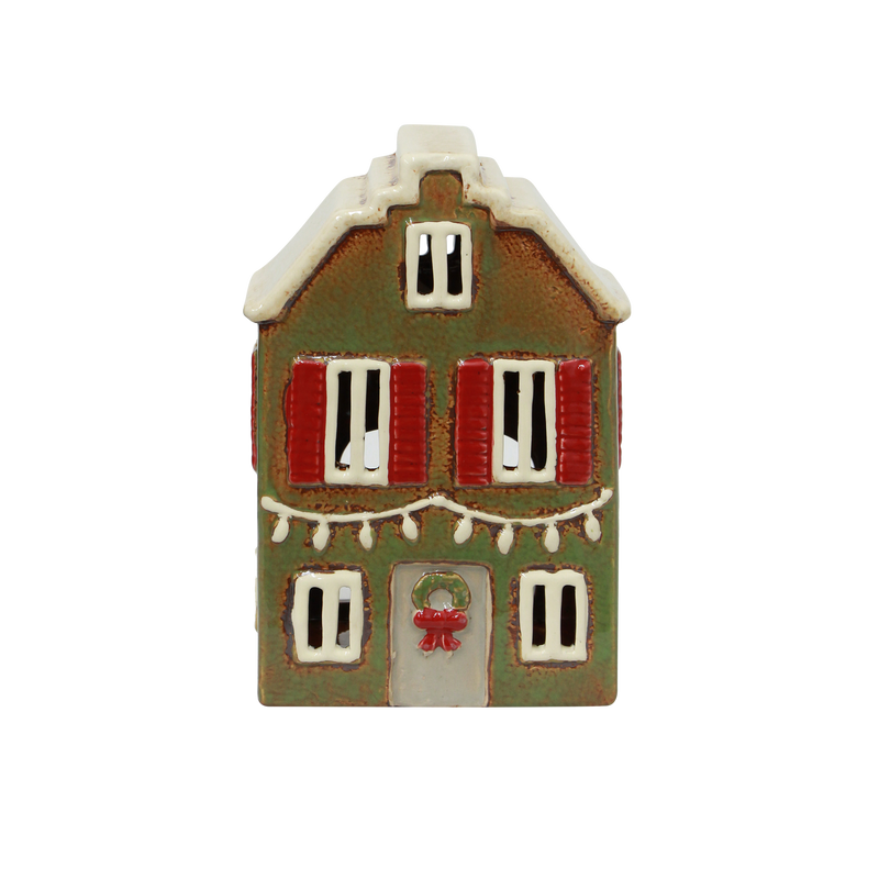 Green ceramic tea light house with shutters Christmas decoration