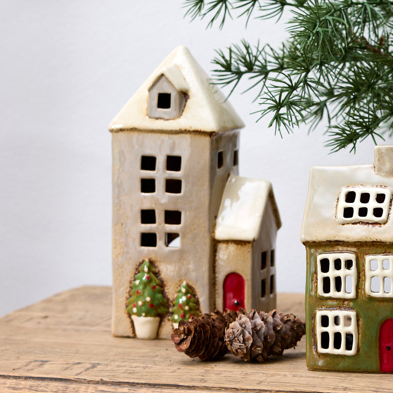Stone finish parish tealight house styled in festive décor