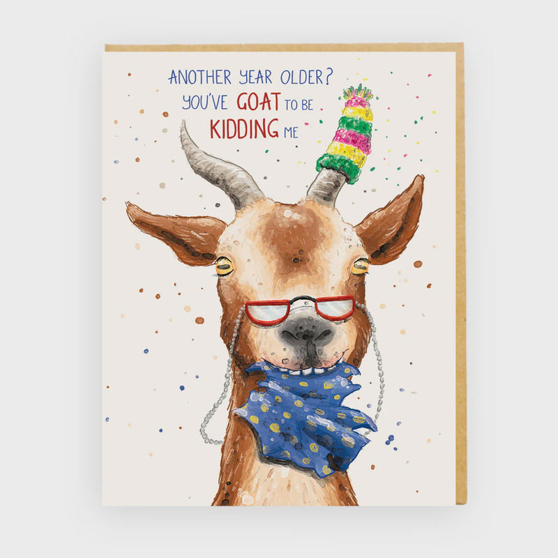 Greeting card with a goat illustration wearing glasses and a scarf, with text above it.