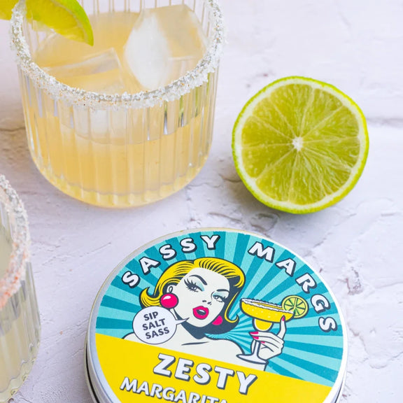 Premium citrus-infused cocktail rimming salt in a 120g jar.