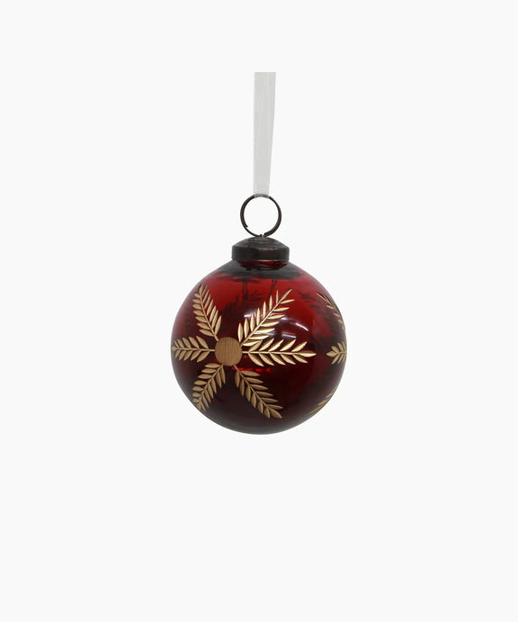 Red handblown glass bauble with intricate gold detailing 