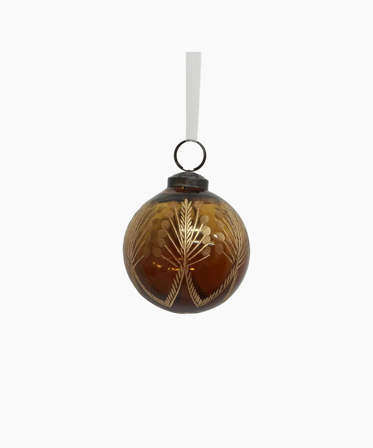 Handblown amber and gold Christmas tree ornament with ribbon hanger 