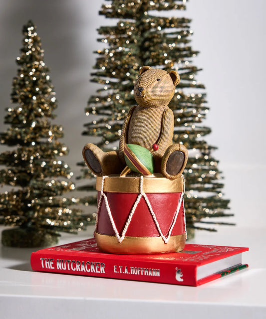 4.	Whimsical teddy bear and drum Christmas figurine with woven-style finish 