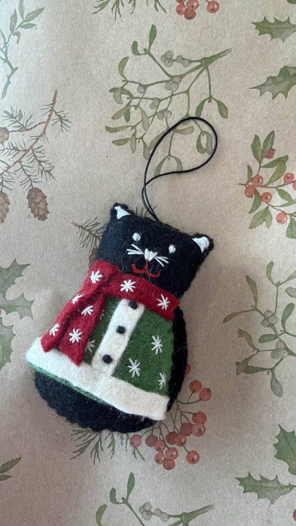Wool felt black cat Christmas tree ornament