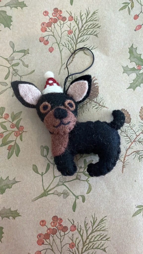 Black Chihuahua with hat felt Christmas decoration