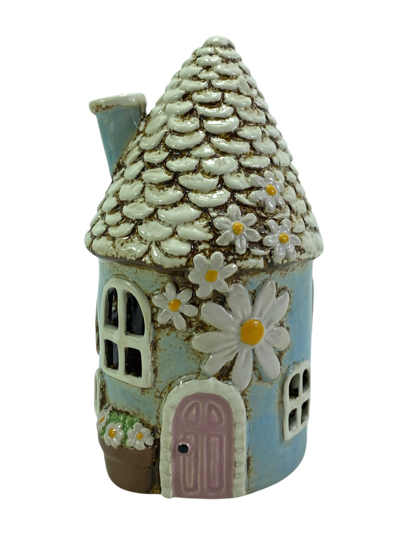 Blue ceramic cottage tealight holder for fairy garden styling