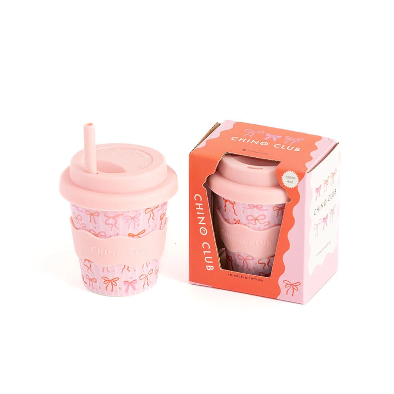 Bows Babychino Cup 4oz with pink bow print and silicone lid