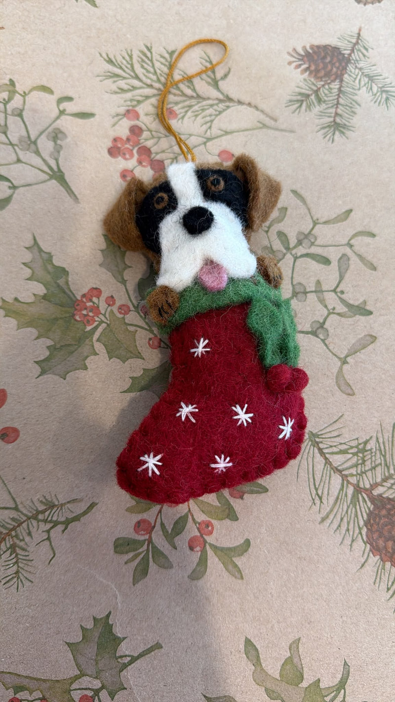 Boxer in stocking handmade felt Christmas decoration