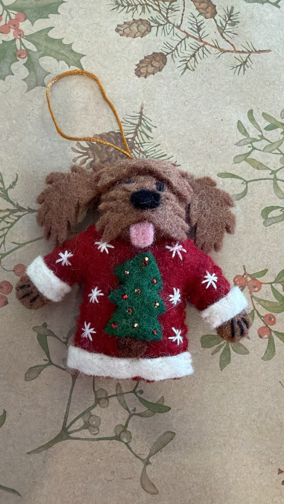 Hand stitched Cavoodle in festive sweater ornament