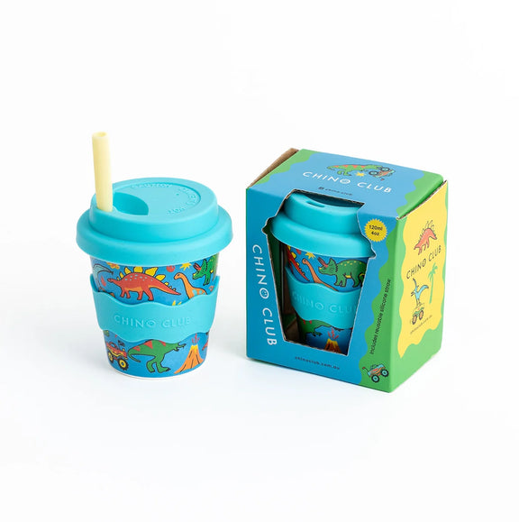 Dinosaurs and Monster Trucks bamboo-based babychino cup with silicone lid