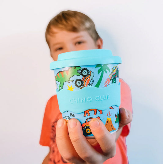 240mL reusable kids cup with dinosaurs and monster trucks