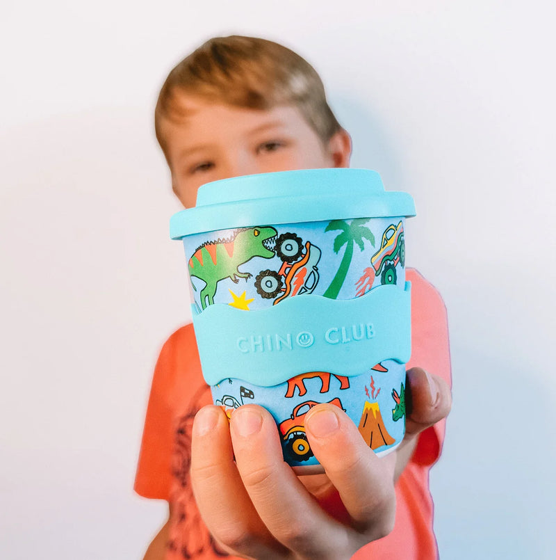240mL reusable kids cup with dinosaurs and monster trucks