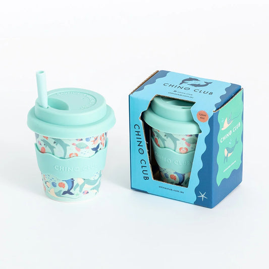 Sea Creatures bamboo-based babychino cup with aqua background