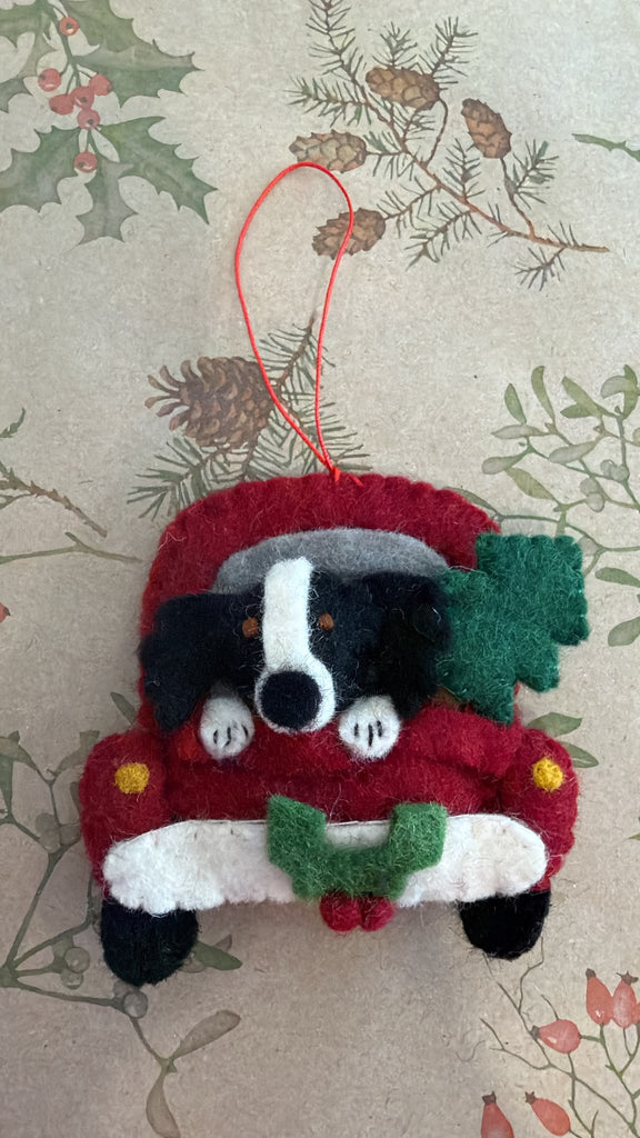 Wool felt Collie Christmas tree ornament in festive truck