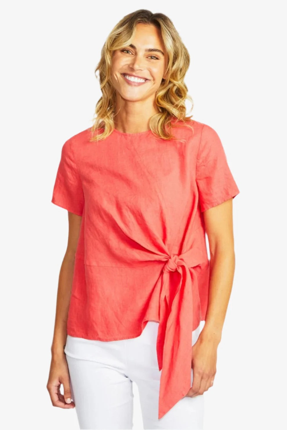 Jasmine Linen Knot Top - Coral
