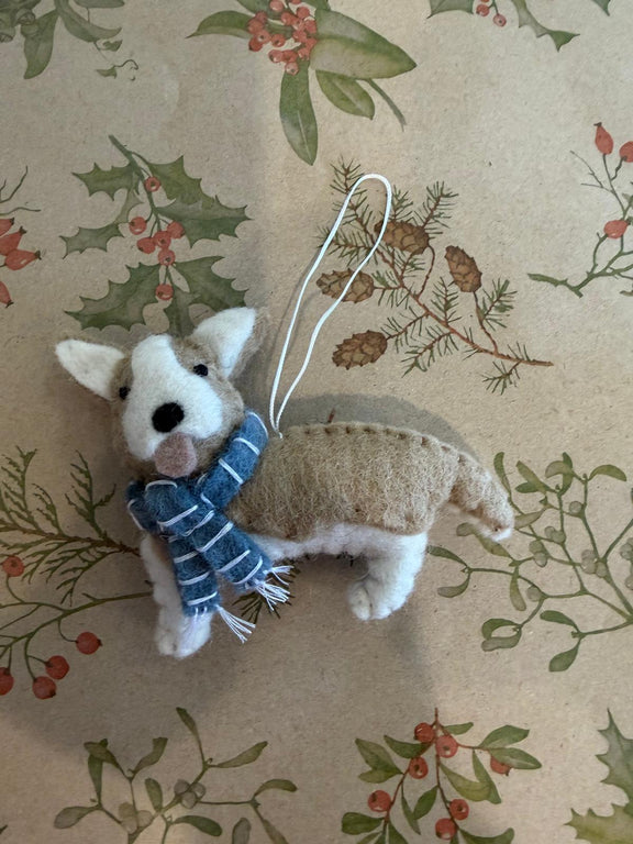 Wool felt Corgi Christmas tree ornament with blue scarf