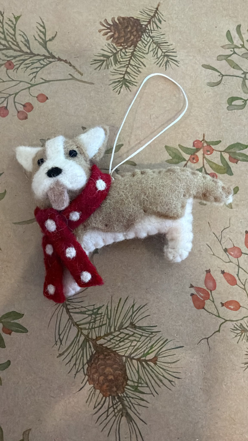 Wool felt Corgi Christmas tree ornament with red scarf