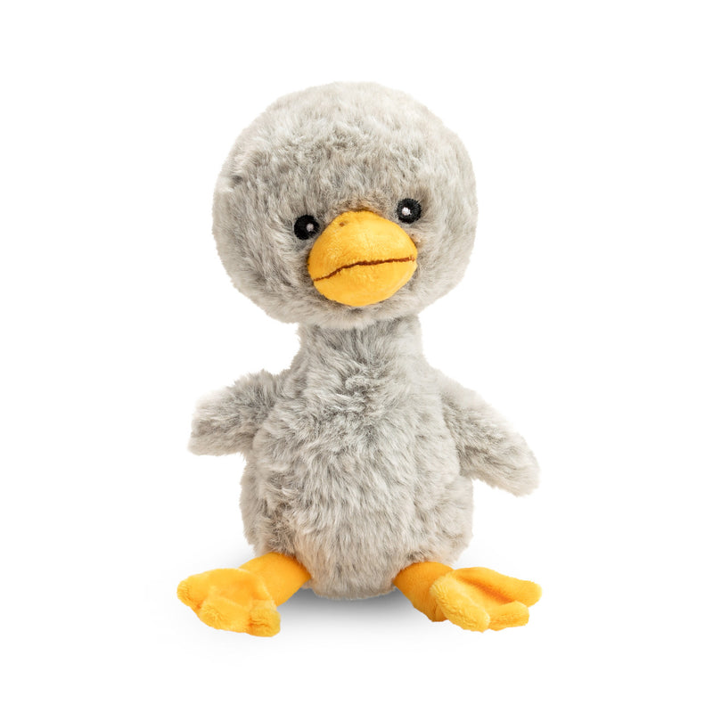 Plush toy duck with gray body and yellow feet and beak on a white background