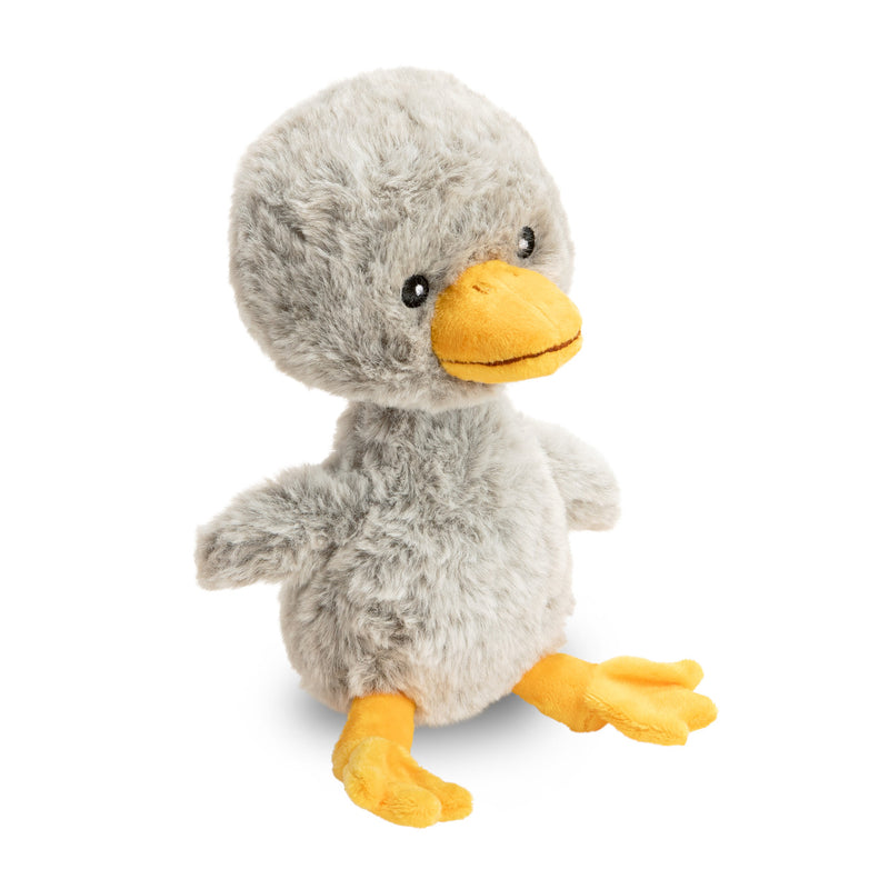 Plush toy duck with gray body and yellow feet and beak on a white background