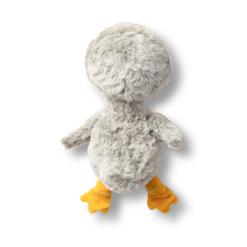 Plush toy duck with gray body and yellow feet on a white background