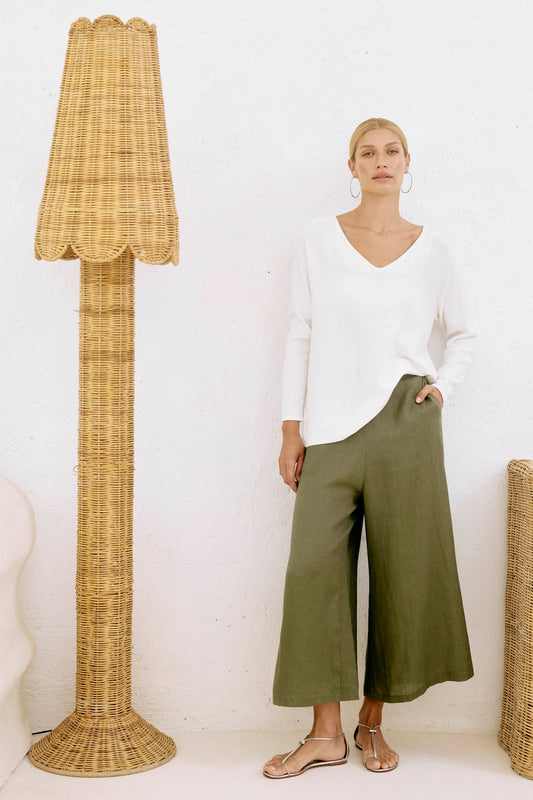 Eb & Ive Studio Crop Pant in Khaki, women’s 100% linen wide-leg cropped pants