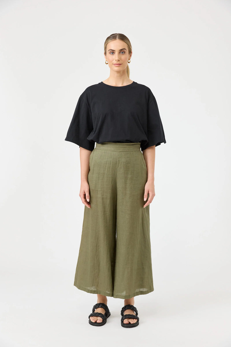 Khaki linen Studio Crop Pant by Eb & Ive with a relaxed 7/8 cropped leg