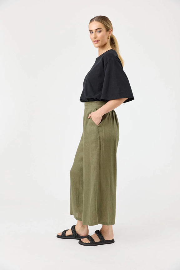Studio Crop Pant in Khaki by Eb & Ive showing the relaxed wide-leg silhouette